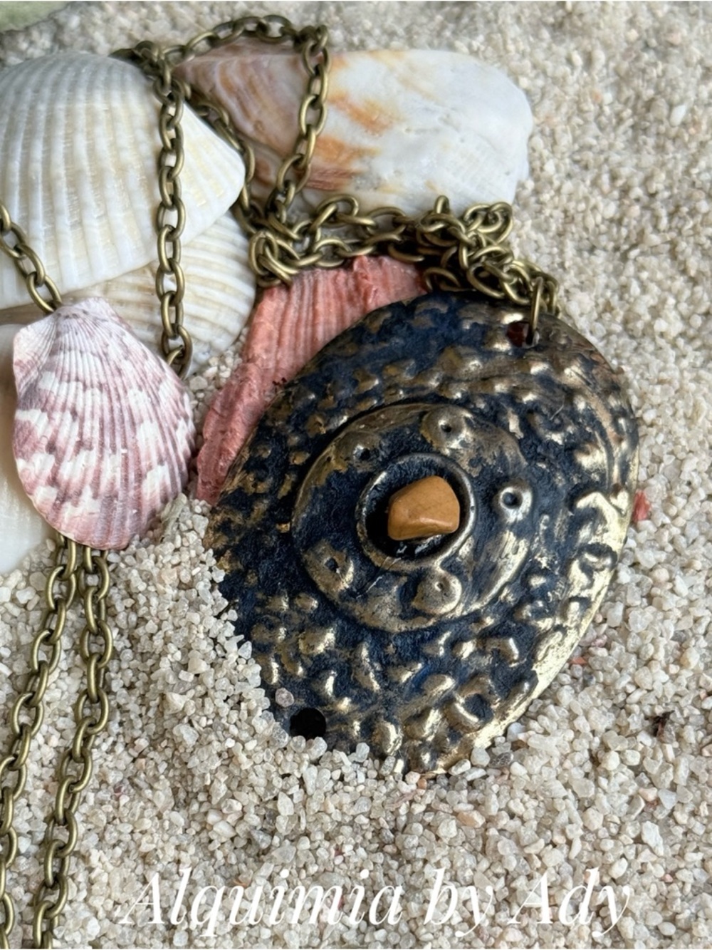 MONUMENTAL-BOHO Gold and Black Hammered Disc Necklace with jasper Accent